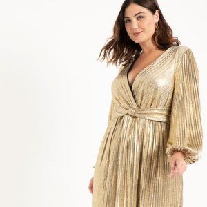 Full Sleeve Pleated Metallic Midi Dress Size 14 in Gold